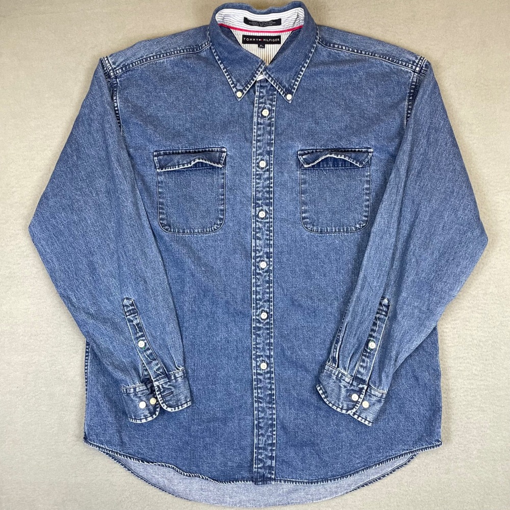 Tommy Hilfiger Denim Shirt Mens XL Blue Long Sleeve Button Down Pockets 90s